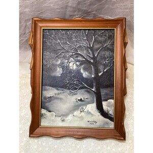 Vintage Country Night Scene Oil Paint By Numbers Signed & Dated 1973 Framed